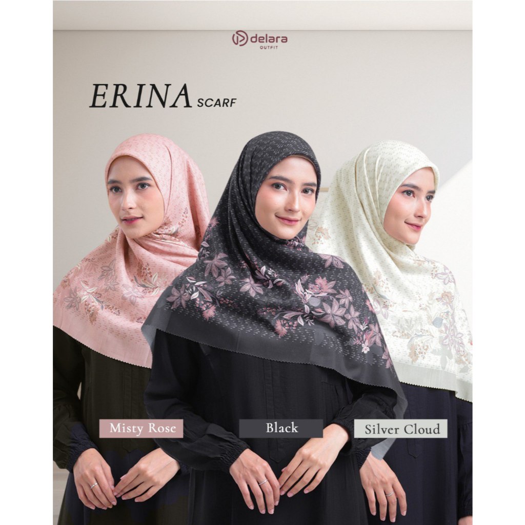 SCARF SEGIEMPAT MOTIF BUNGA UKURAN 130 ERINA BY DELARA | Hijab Segiempat Hitam |