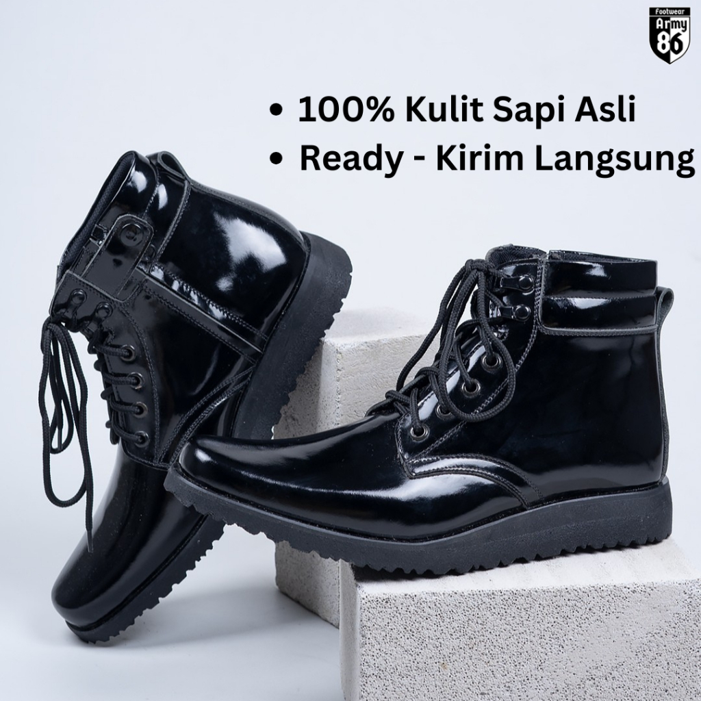Sepatu PDH TNI POLRI Army86 Wave – Kulit Asli Sapi – Hitam Glossy Premium