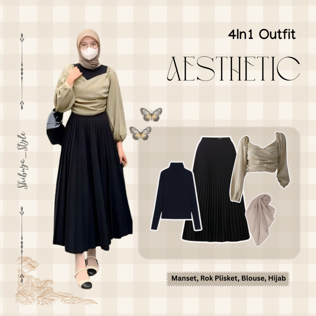 Oneset Dress (Blouse, Rok Susun Hitam, Manset, Hijab) OOTD Outfit Korean Style - SS05