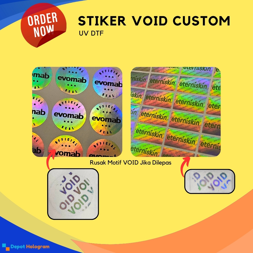 

Stiker Bahan Hologram Rusak Motif VOID Ketika Dilepas Untuk Segel Produk - Custom Tulisan / Logo