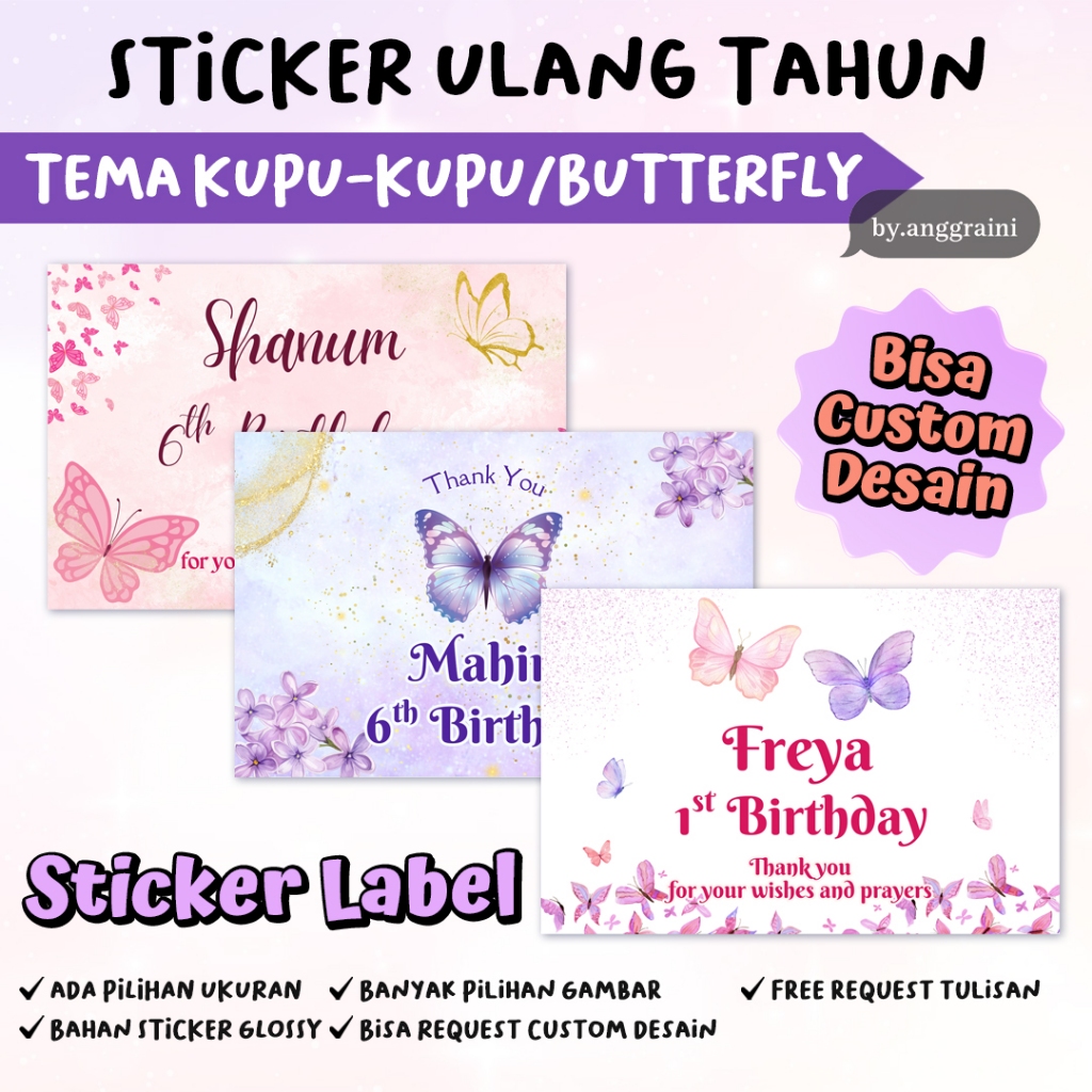 

Sticker Ulang Tahun Tema Kupu-Kupu/Butterfly - Stiker Label Kotak Nasi Bento - Ultah Anak