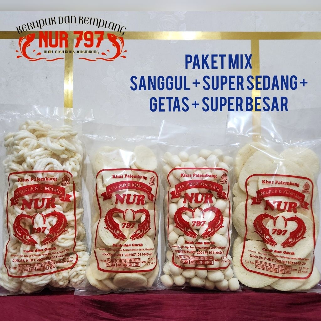 

PAKET MIX 1000 gram SANGGUL SUPER SEDANG GETAS BESAR ikan tenggiri kerupuk dan kemplang NUR 797 khas palembang asli