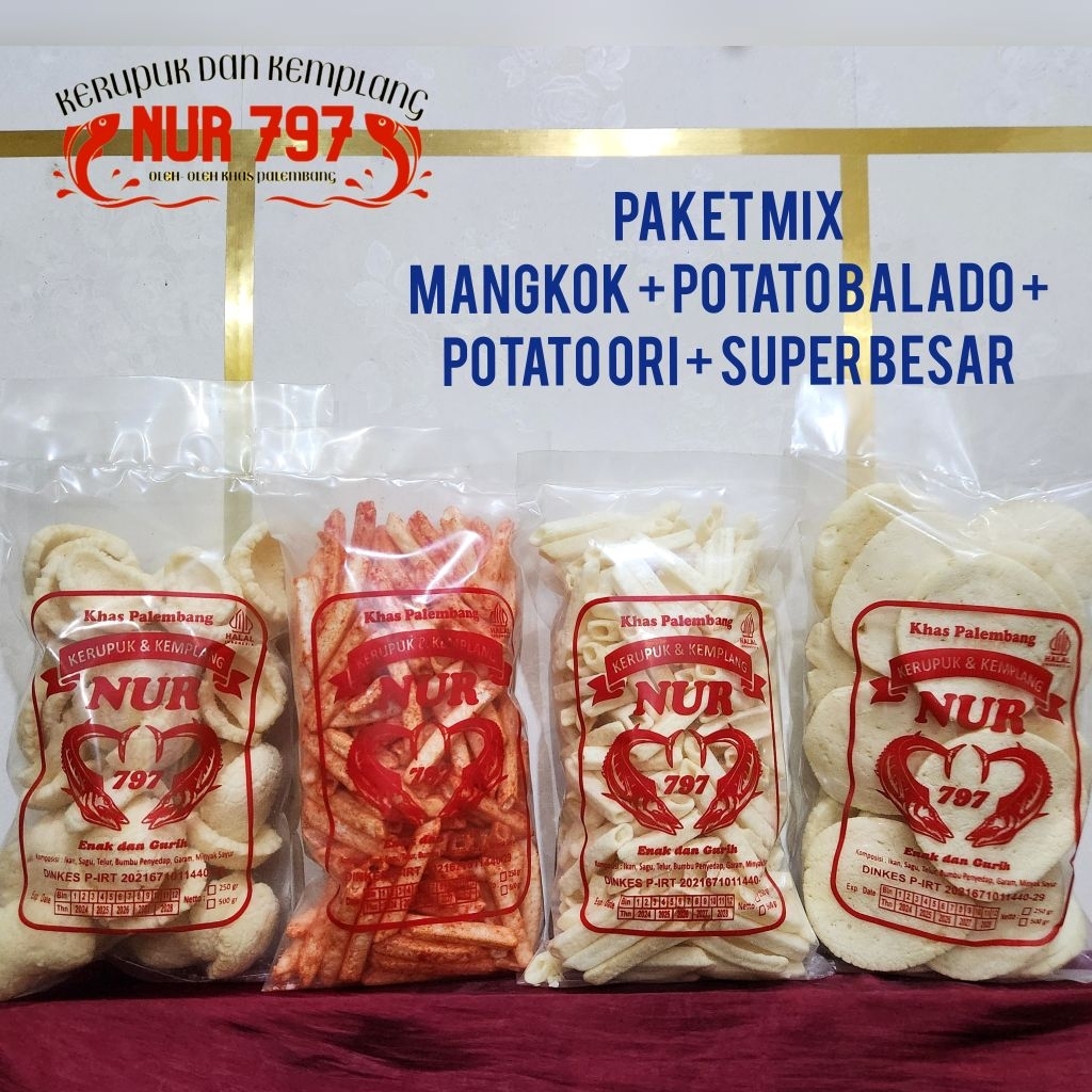 

PAKET MIX 1000 gram MANGKOK POTATO BALADO POTATO ORI SUPER BESAR ikan tenggiri kerupuk dan kemplang NUR 797 khas palembang asli