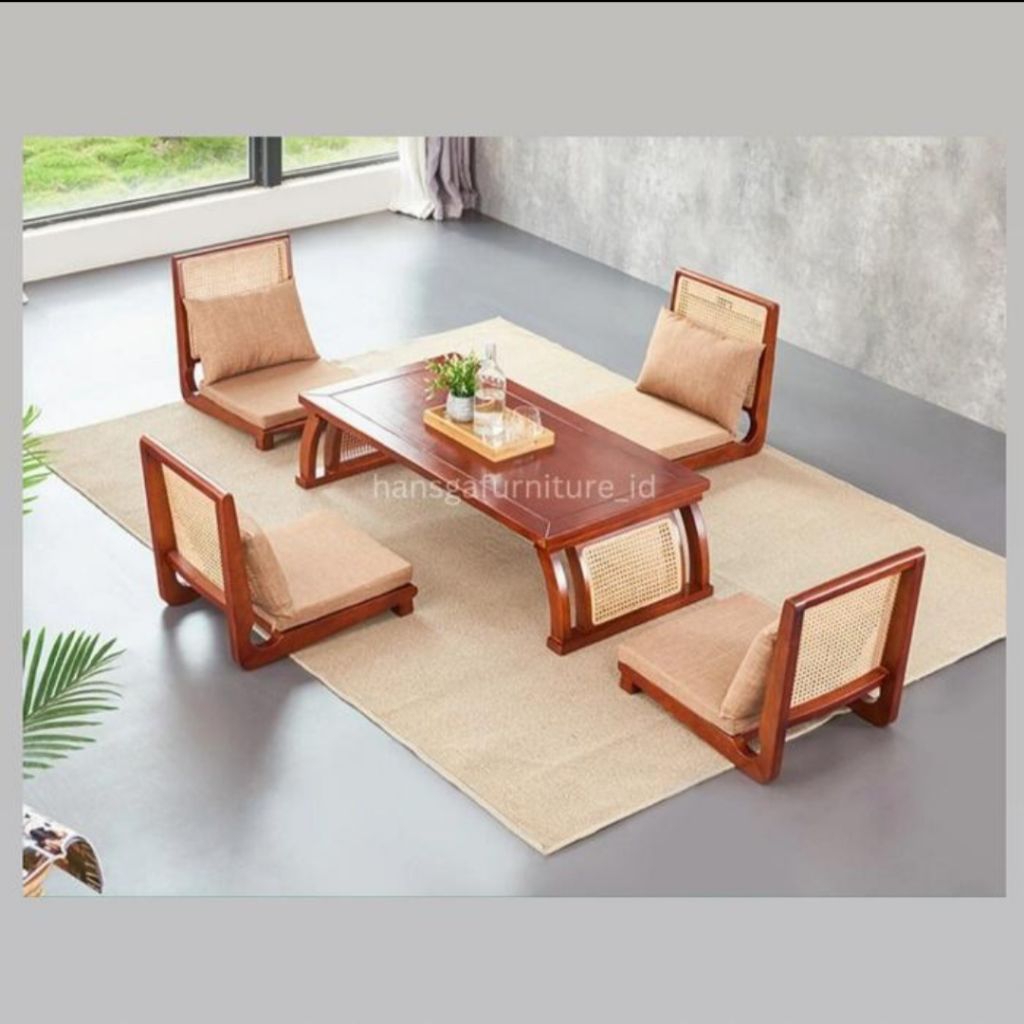 set meja makan lesehan cafe minimalis 4 kursi kayu jati rotan