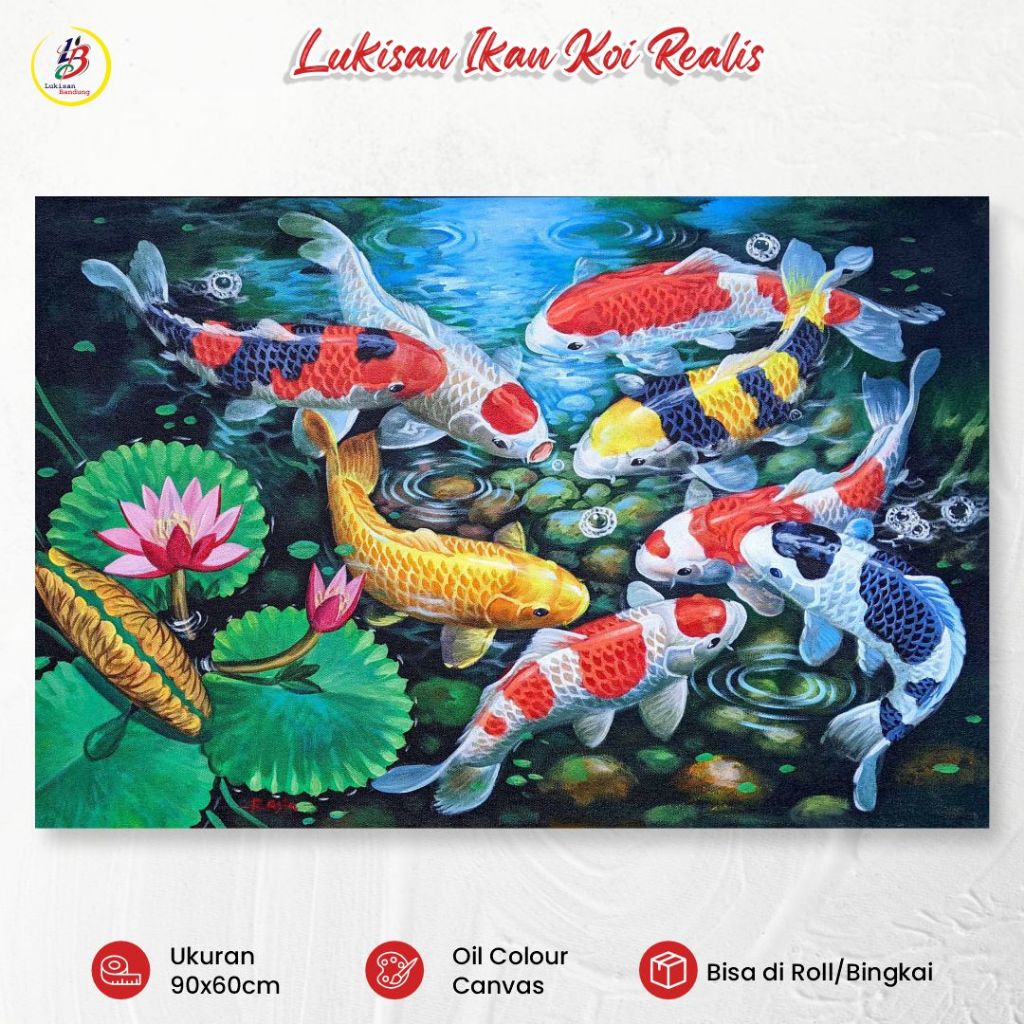 Lukisan Bandung Lukisan Ikan Koi 9 Ekor dan Teratai 60x90cm Lukisan Kanvas Dinding Fengshui Hoki
