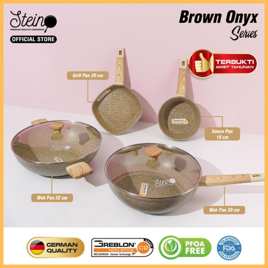 Stein Cookware Onyx Series Set 4pcs Panci Granit Anti Lengket Greblon Jerman Wok Saucepan Frypan ORI