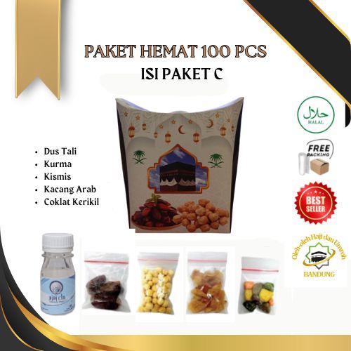 

Oleh Oleh Haji/Umroh 100 pcs Paket C Dus Tali, Botol+Air zam zam, Kurma, Kacang Arab, Kismis, Cokil