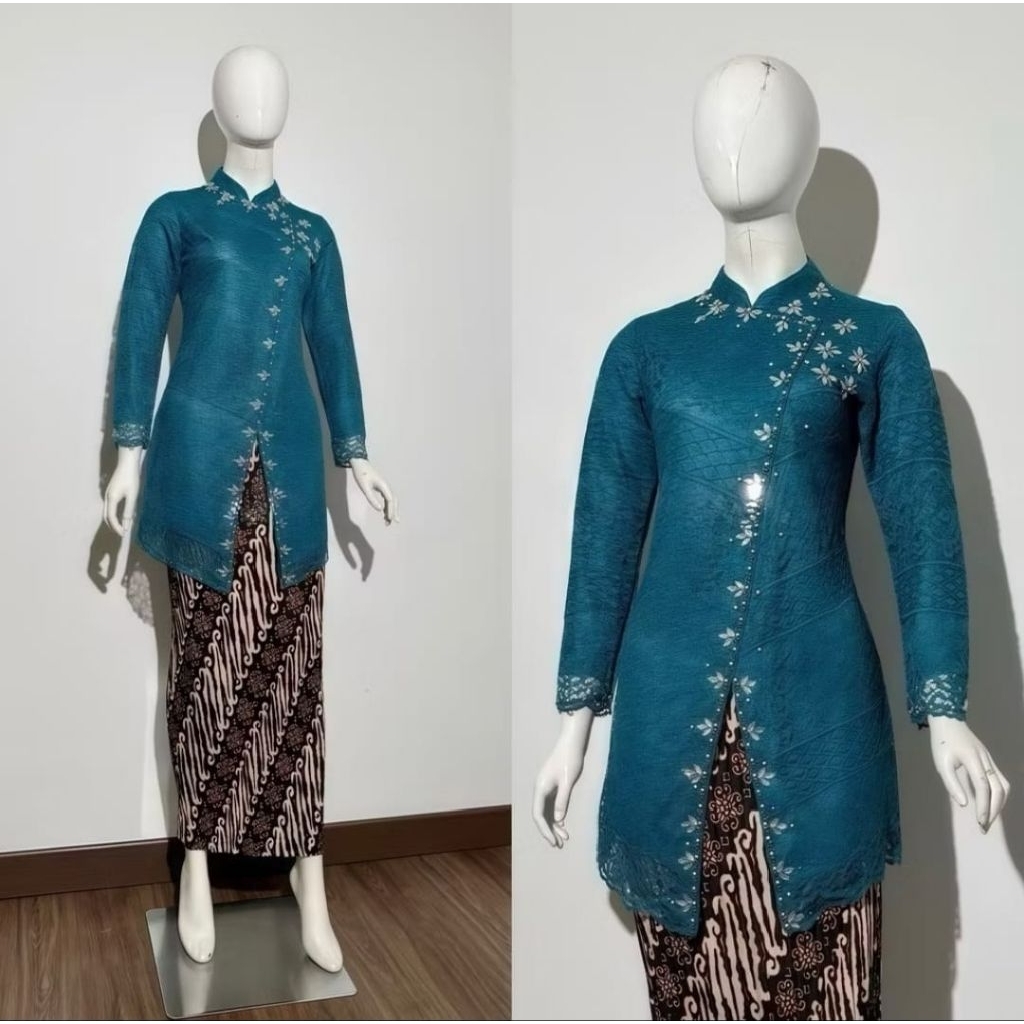 kebaya Janggan modern/kebaya tunik brukat Payet hijau emmeral tradisional