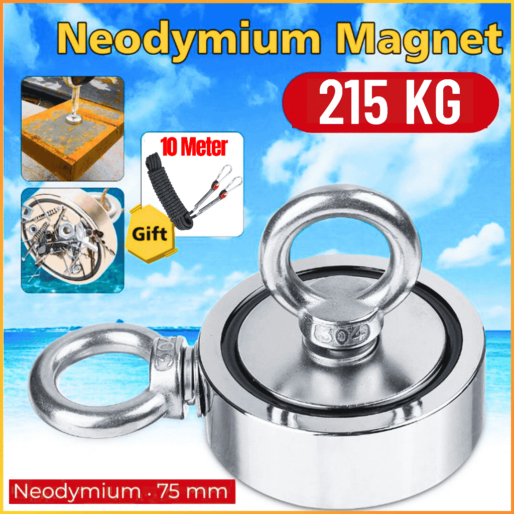 COD HYSAMTA Magnet Fishing Neodymium 215 KG Gantungan Super Kuat + Tali 10M Double Round Hook 75mm