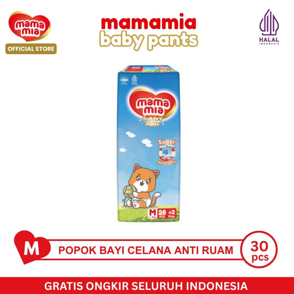 MAMAMIA Popok Bayi Anti Ruam M28+2 Pcs HALAL - Soft Dry Pants Xtra Lembut Xtra Kering