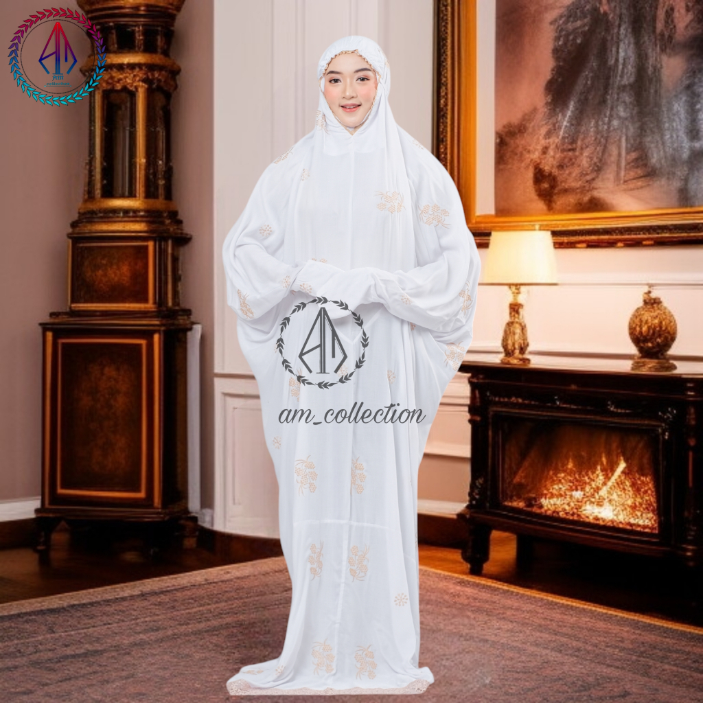 Mukena terusan bordir bahan katun rayon mukena putih bordir bunga/daun