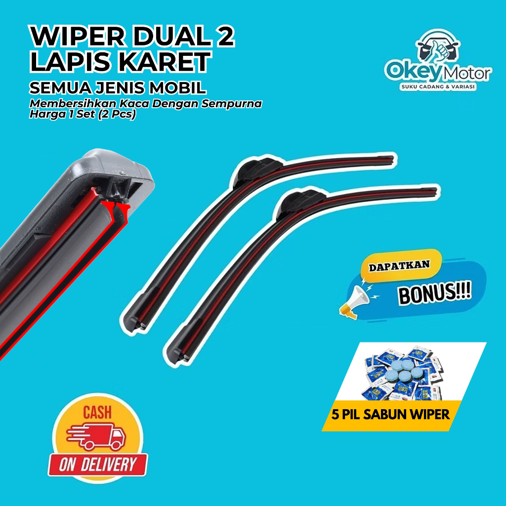 Wiper Dual Karet Mobil 1 Set Kiri dan Kanan Bonus Sabun Wiper untuk Semua Jenis Mobil Model Karet Ga