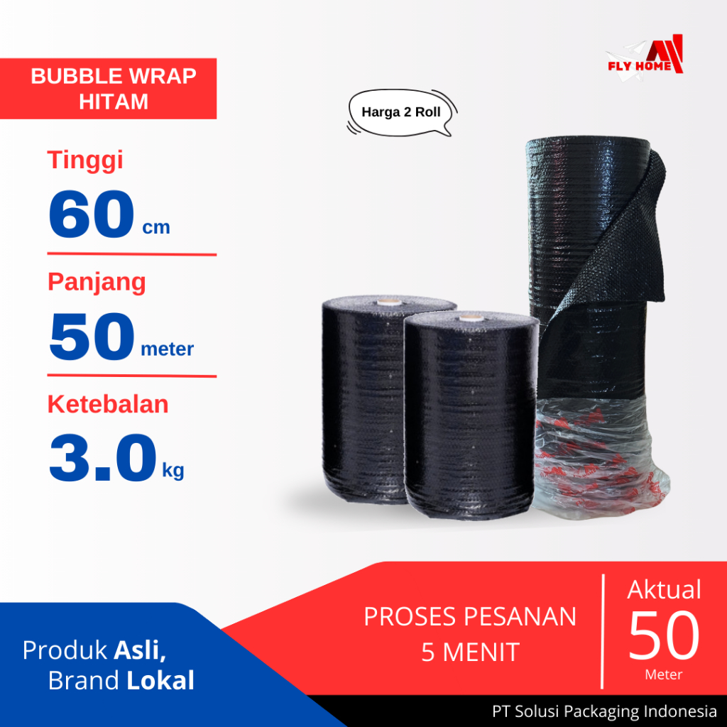 

FLYHOME Bubble wrap 3kg potongan 60cm hitam 2 roll hitam 60x50meter