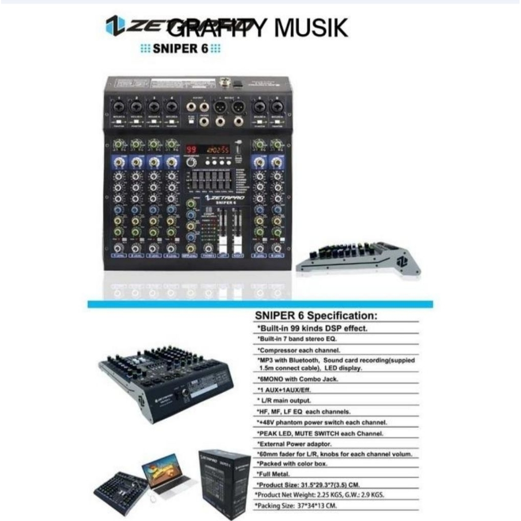 Mixer Audio 6 Channel Zetapro Sniper6 | Sniper 6 I Sniper-6 USB Bluetooth Soundcraft With Compressor