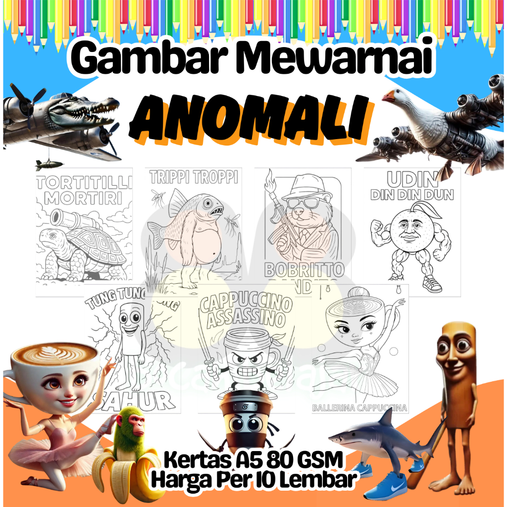 

10 Lembar Kertas A5 Gambar Mewarnai Tema ANOMALI TUNG TUNG SAHUR Termurah - Anak Anak TK SD PAUD Remaja
