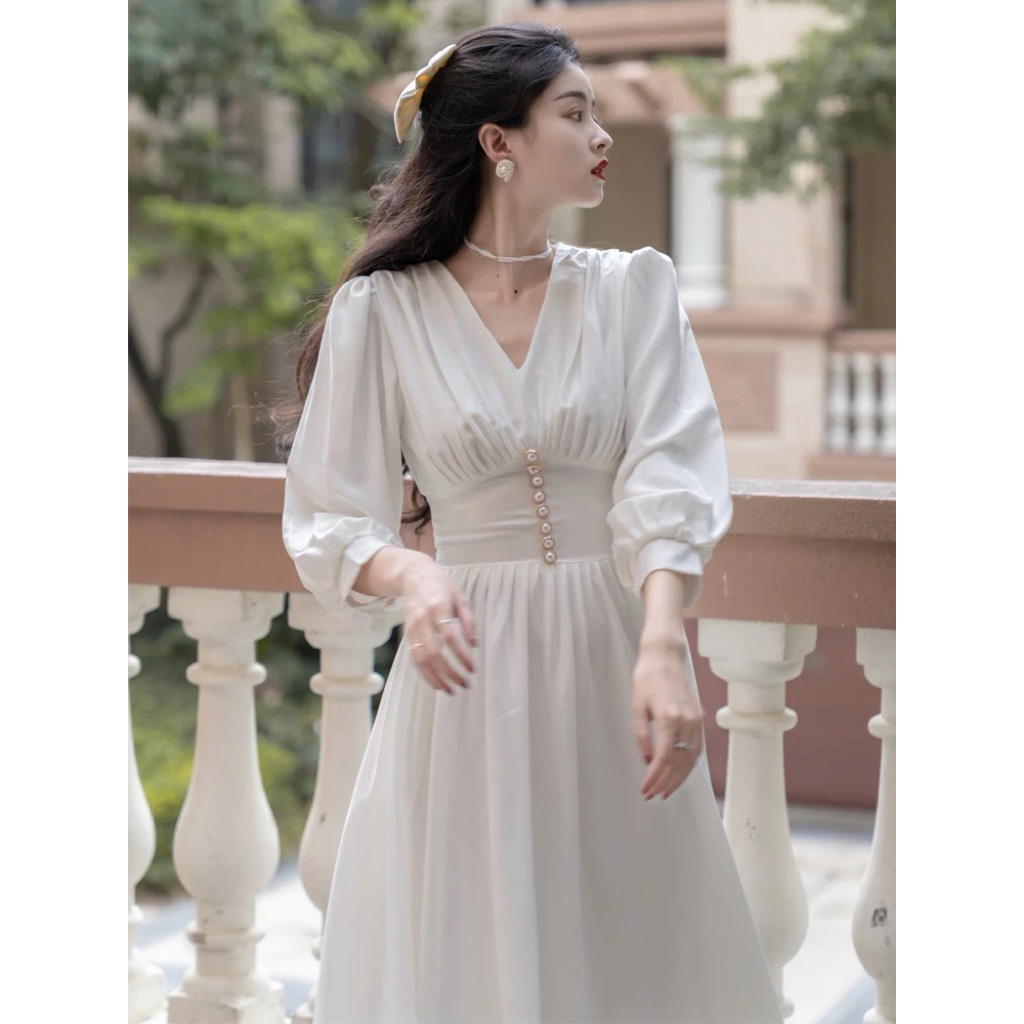 French Style Summer Long Sleeve V Neck White Dress Fairytale - Gaun Putih Pengiring Pengantin Gaya K