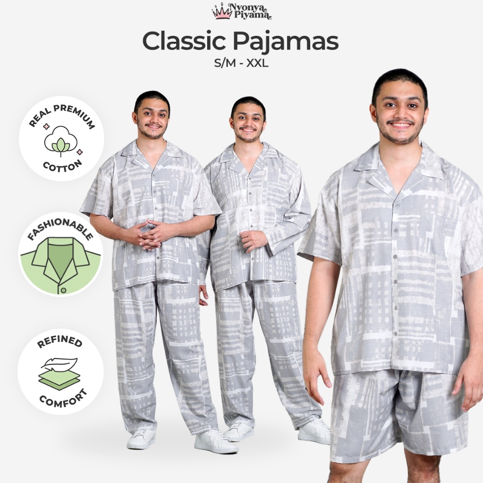 Nyonya Piyama Set Katun Pria Classic Deventer Grey KODE Q7D4
