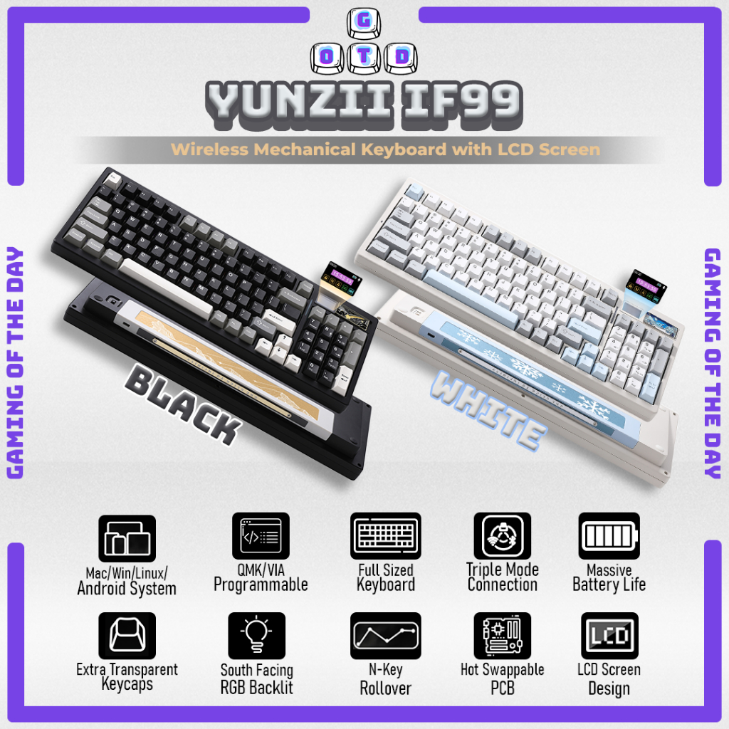 Yunzii IF99 Full Size 95% LCD VIA Wireless Mechanical Keyboard LED Screen Gasket Mount 95% Wireless 