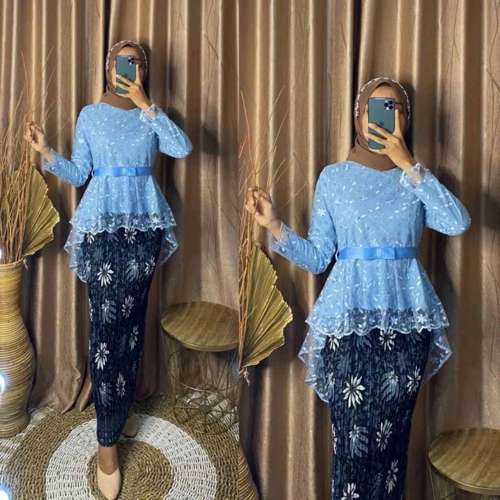 Set Kebaya Modern / Atasan Kebaya Brokat Aurora Tille Mix Rok Plisket Batik Panjang Model Hijab
