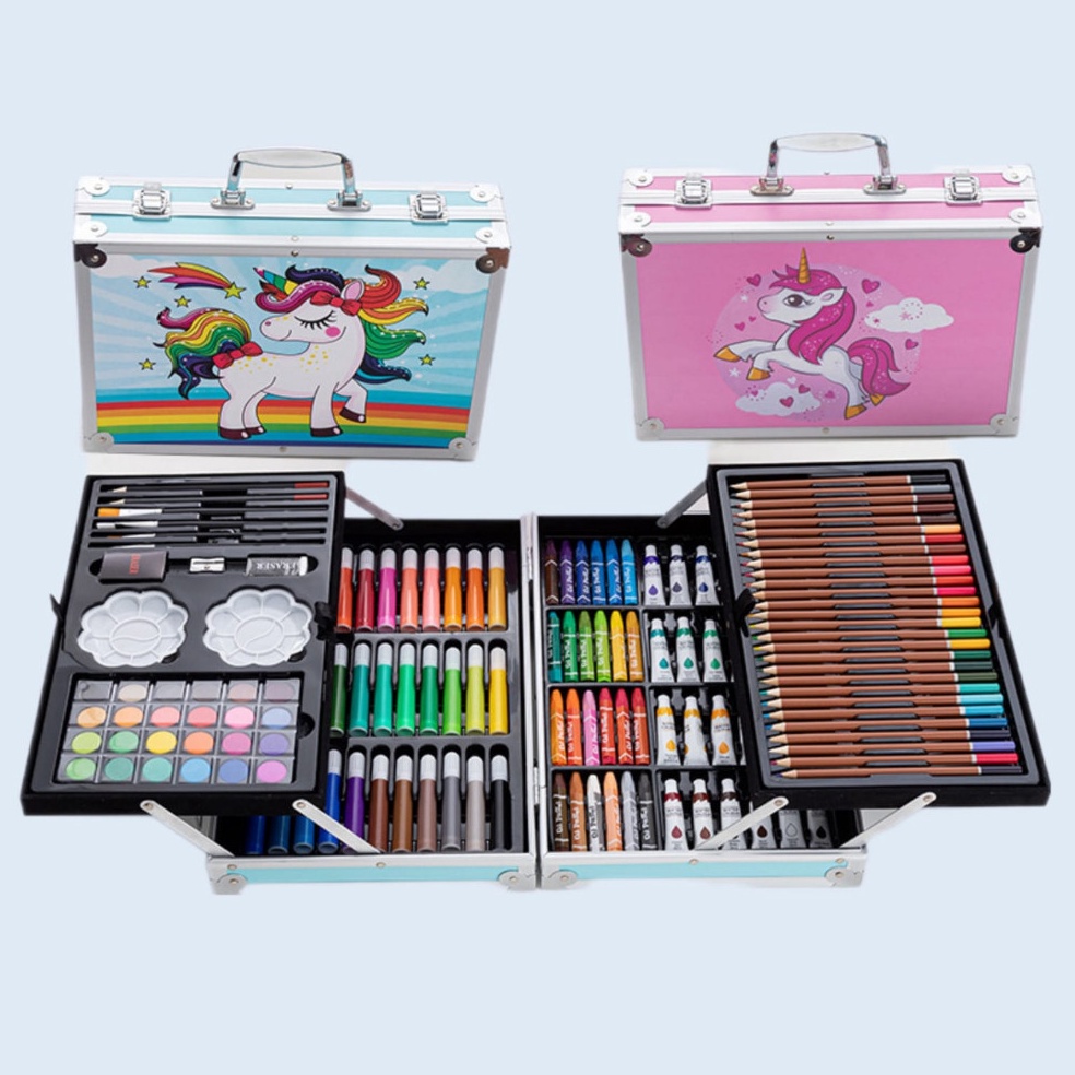 

KODE O8S Crayon Set 145pcs Koper Aluminium Besi Krayon Pensil Warna 145 Pcs Box Alat Lukis Anak Koper Set