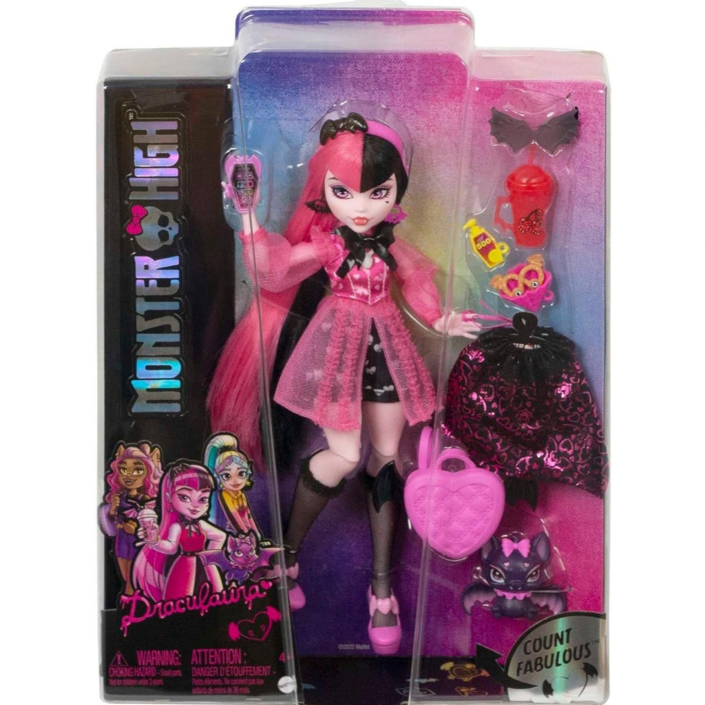 Monster High Doll, Draculaura with Pink & Black Hair in Signature Look with Fashion Accessories & Pe