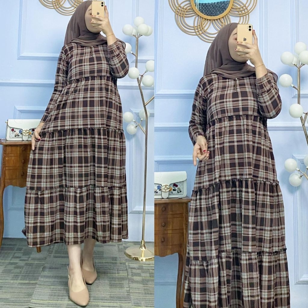 Gamis rempel susun motif kotak