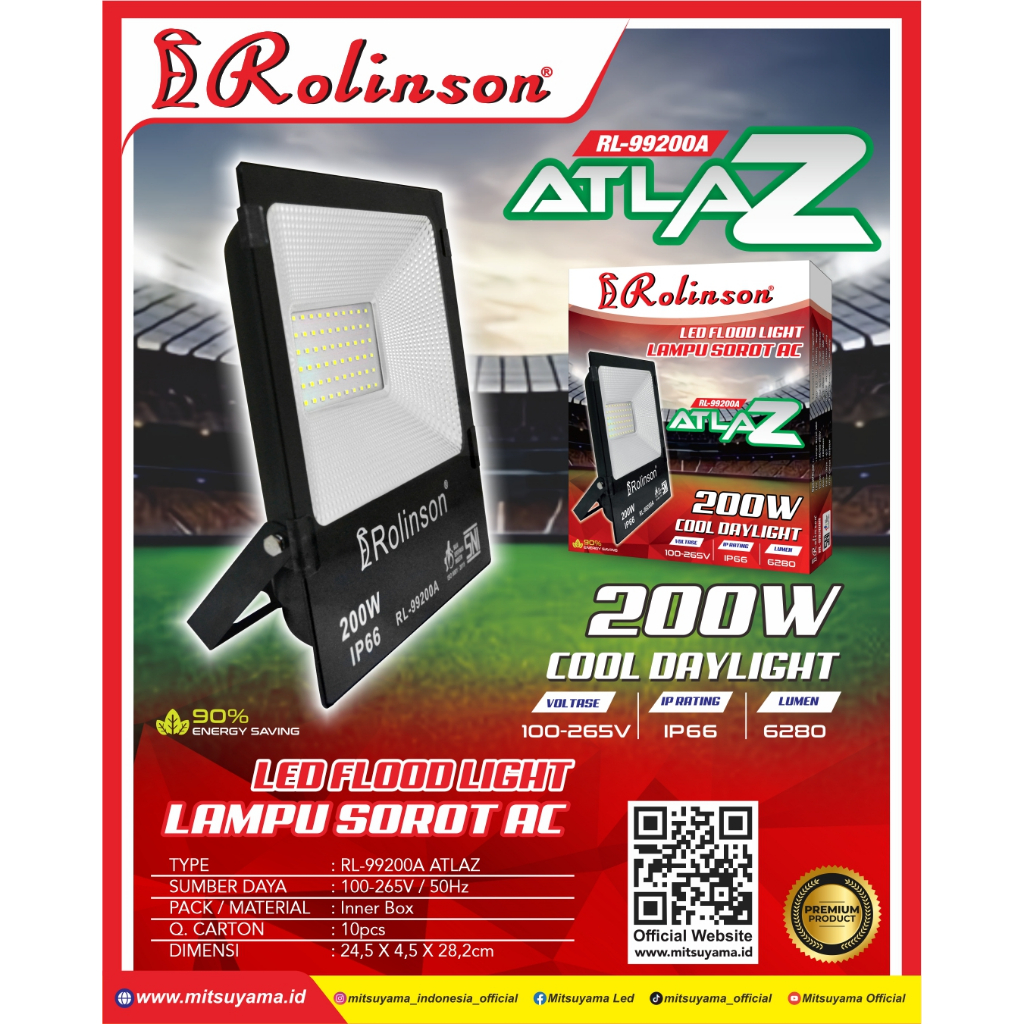 Lampu Sorot AC 200 Watt Rolinson Atlaz RL-99200A IP66 Tembak flood led