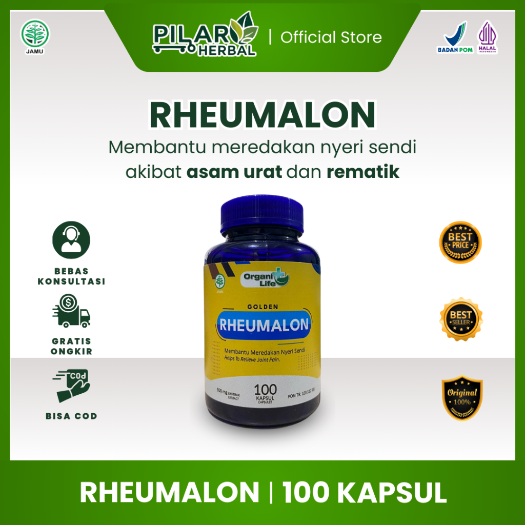 Rheumalon Kapsul 100 % Herbal Nyeri sendi, Asam Urat, Rematik, Saraf Kejepit Original isi 100 Kapsul