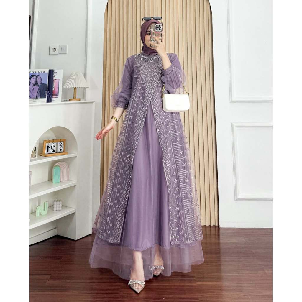 Dress Kondangan Simple Elegan Gamis Brukat Tile Bordie Mewah