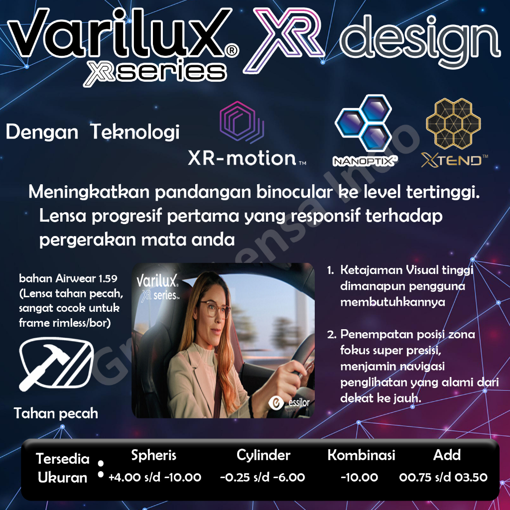 Lensa Essilor Varilux XR Design Airwear 1.59 Transition Gen S Crizal Sapphire / Drive / Optifog / Pr