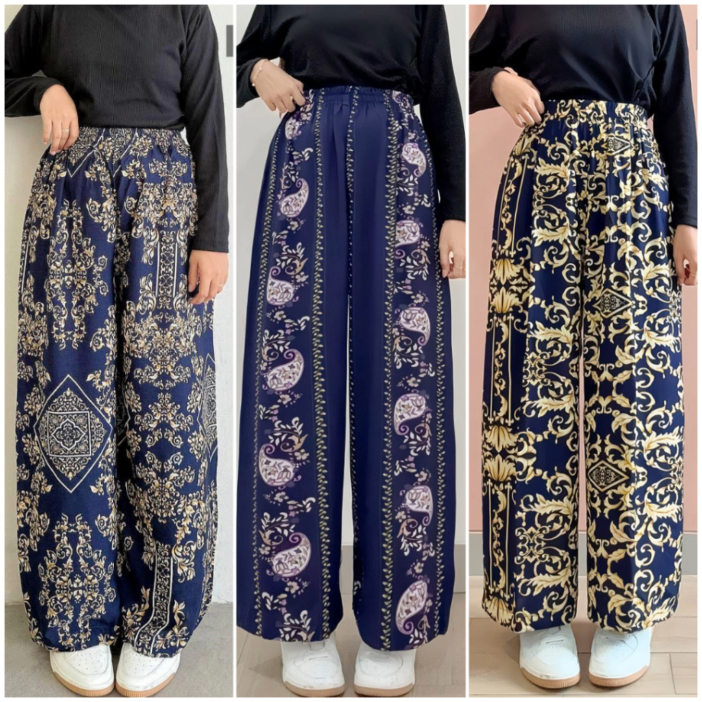 Celana Kulot Hommy Free Pouch Motif Wanita Bahan Rayon Kulot Panjang Motif Adem Rayon Garis Kain