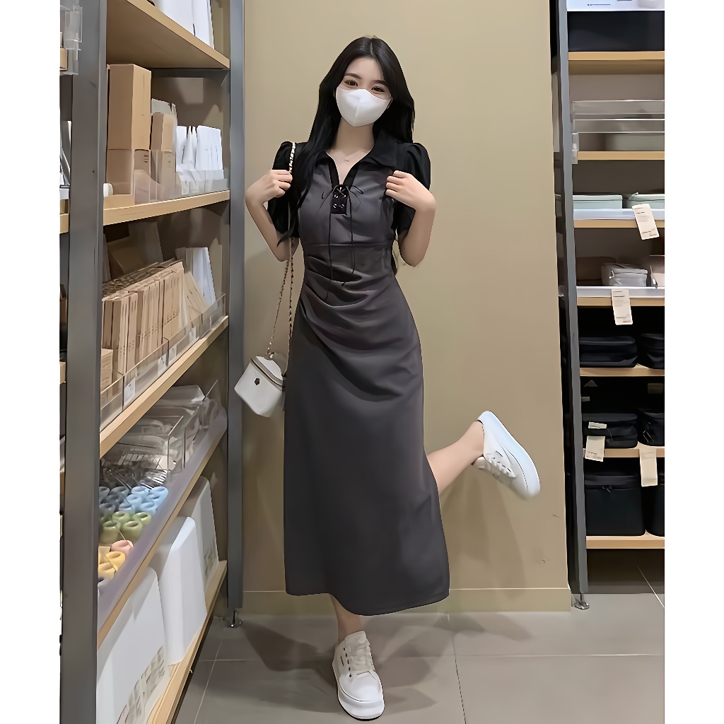 Gaun mid-length pinggang kelas atas dan pelangsing dress polos korean style dress panjang korean sty