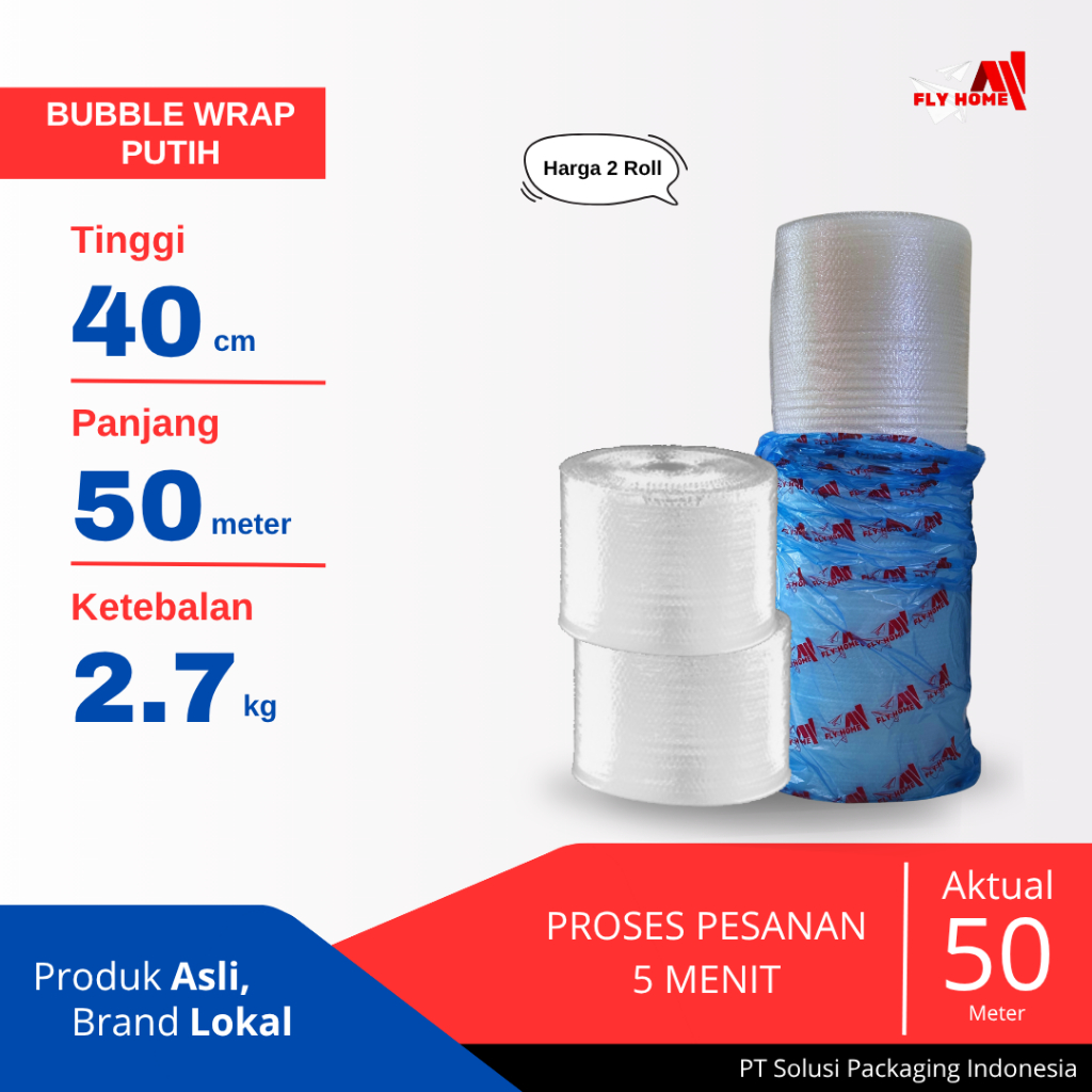 

FLYHOME Bubble wrap putih potongan 40cm 2,7kg 2 roll besar 40x50meter