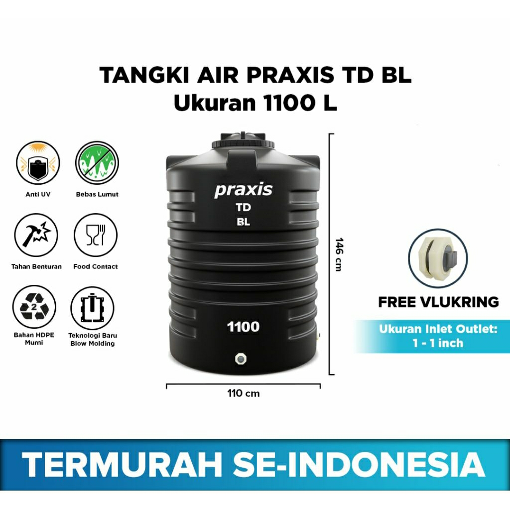 Praxis Tangki / Tandon Air Bahan Plastik tipe TD BL 1100L