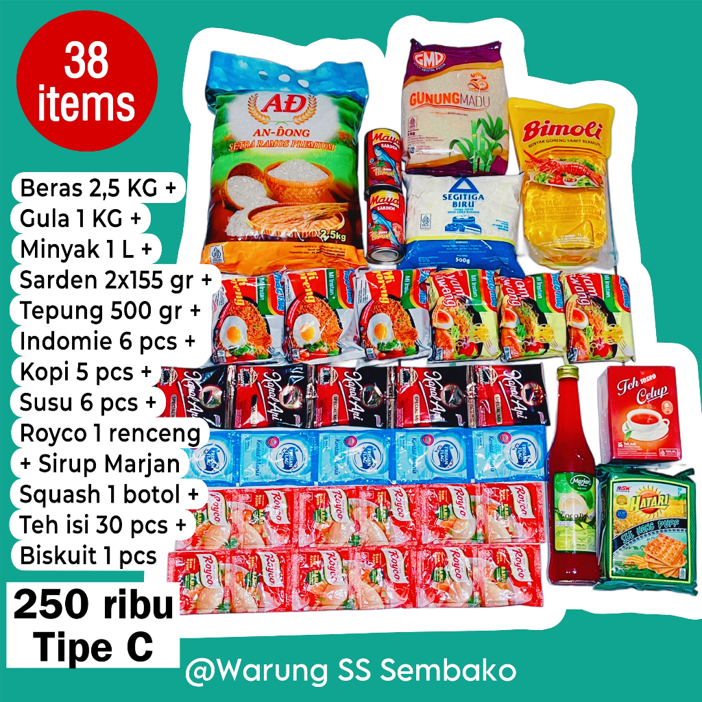 

Paket Sembako 250 ribu Tipe C - Belanja Bulanan Kebutuhan Bahan Pokok Hampers Bingkisan Sedekah Beras Minyak Gula Tepung Sirup Biskuit Lengkap Komplit