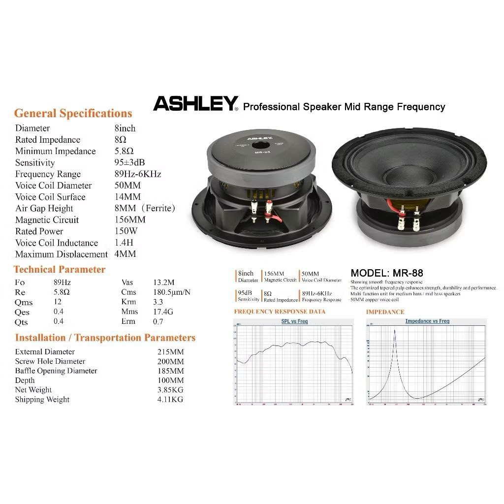 Komponen Speaker 8 Inch Khusus Line Array ASHLEY MR 88 | MR88 Original