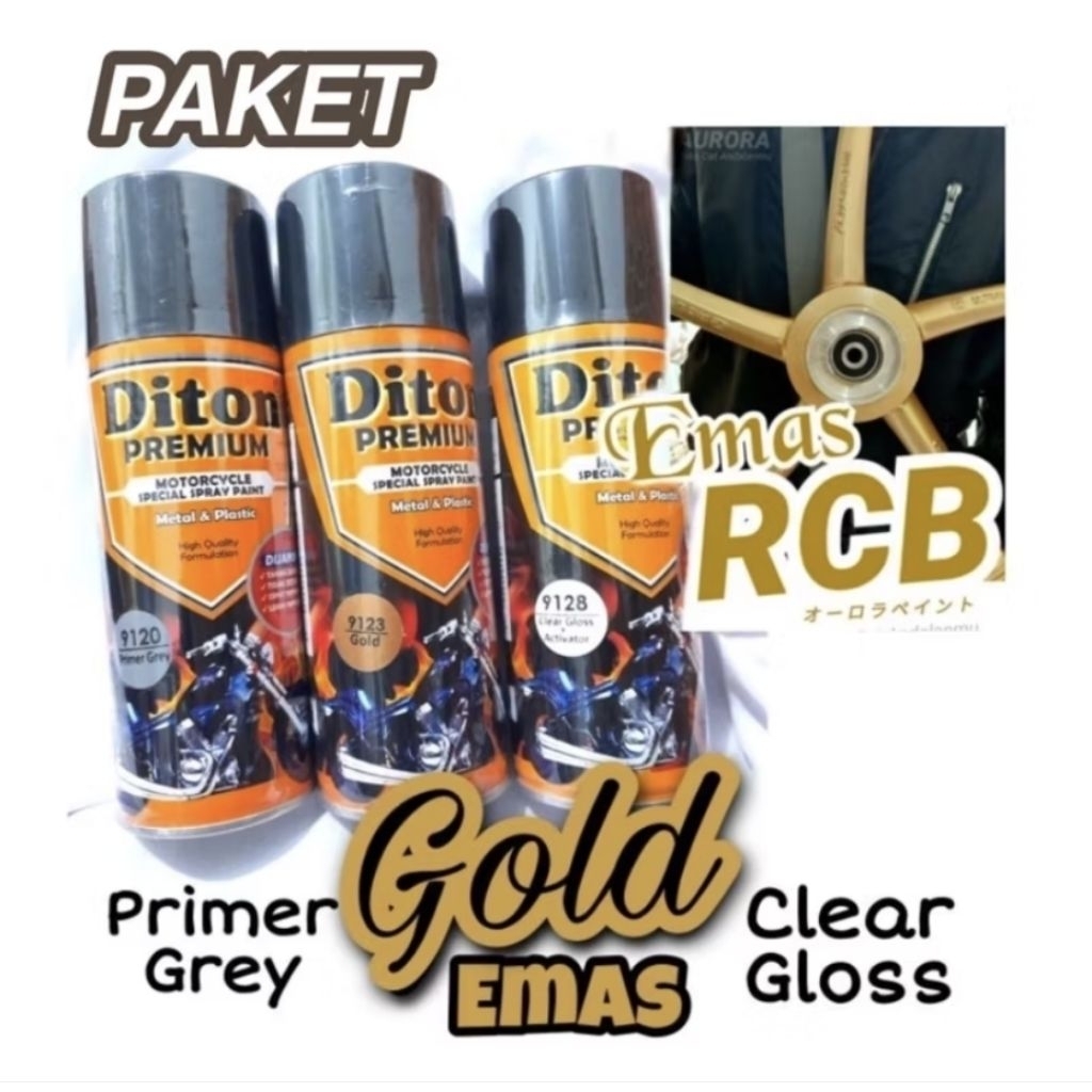 PAKET Diton Premium Gold 9123 Emas RCB 400ml termasuk Epoxy Clear Pilok Tahan Bensin Cat semprot