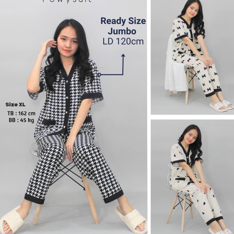 ST Vianca Piyama Motif Pita love Powysuit Bahan Satin Lengan Pendek Celana Panjang Baju Tidur Wanita