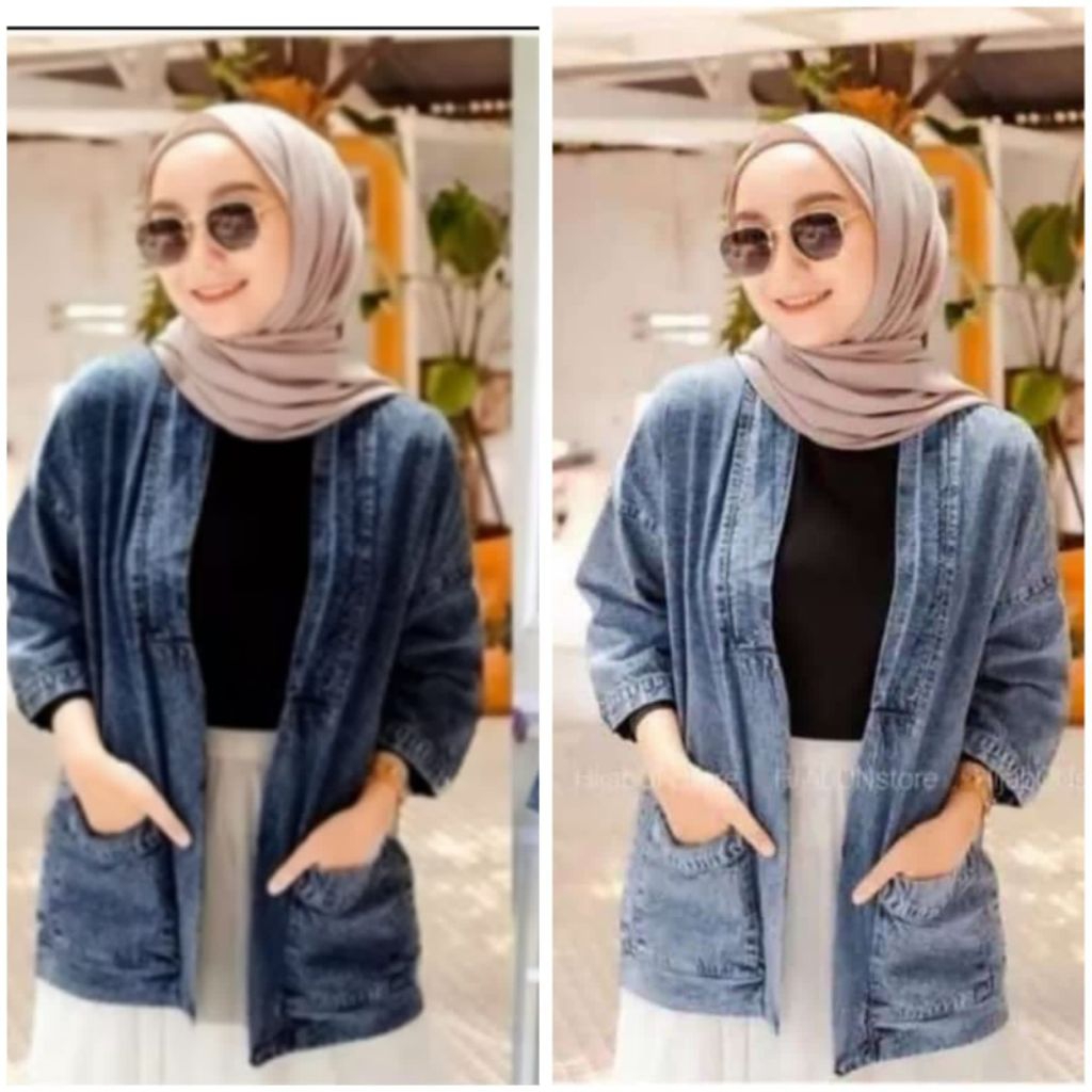 Cardigan Jeans Wanita Outer Denim Lengan Panjang Bahan Jeans Wash Biru dan Hitam