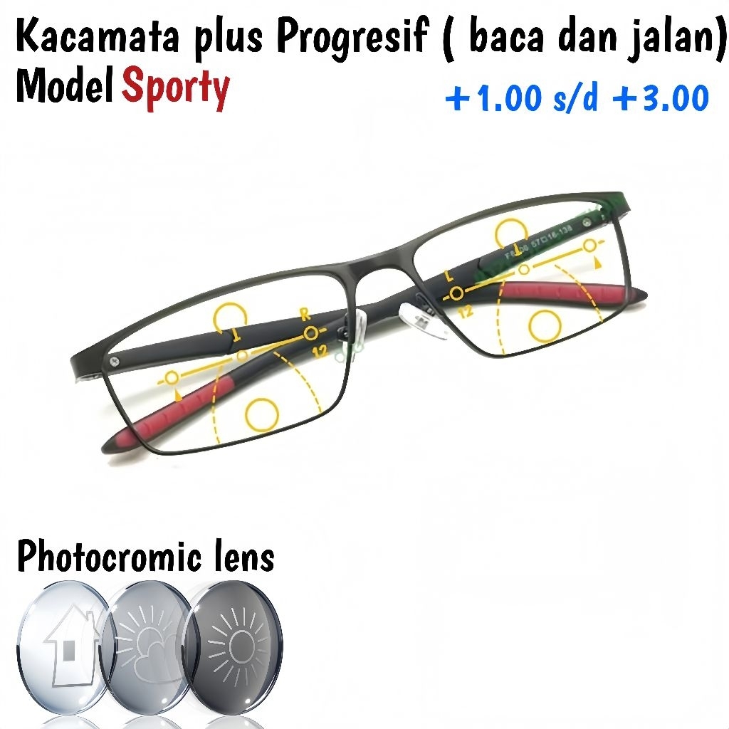 Kacamata Baca Plus Progresif (baca dan jalan)| Lensa photocromic | frame Sporty f8506 | Usia 40 Tahu