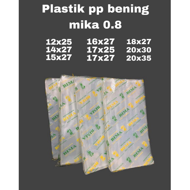 plastik BIMA pp bening mika tebal 0.8 ukuran 12x25 14x27 15x27 16x27 17x27 18x27 20x30 20x35 tebal 0