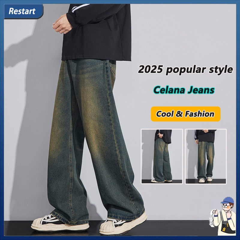 Celana Jeans pria Korean style Celana panjang pria biru straight loose jeans celana kulot celana sob