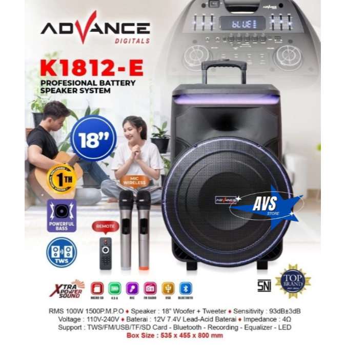 ADVANCE SPEAKER PORTABLE TROLI BLUETOOTH 18 INCH K-1812E