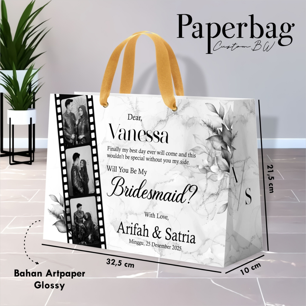 

PAPER BAG BW CUSTOM - PAPER BAG BRIDESMAID WEDDING SIMPLE ELEGANT FREE FOTO- PAPERBAG HITAM PUTIH