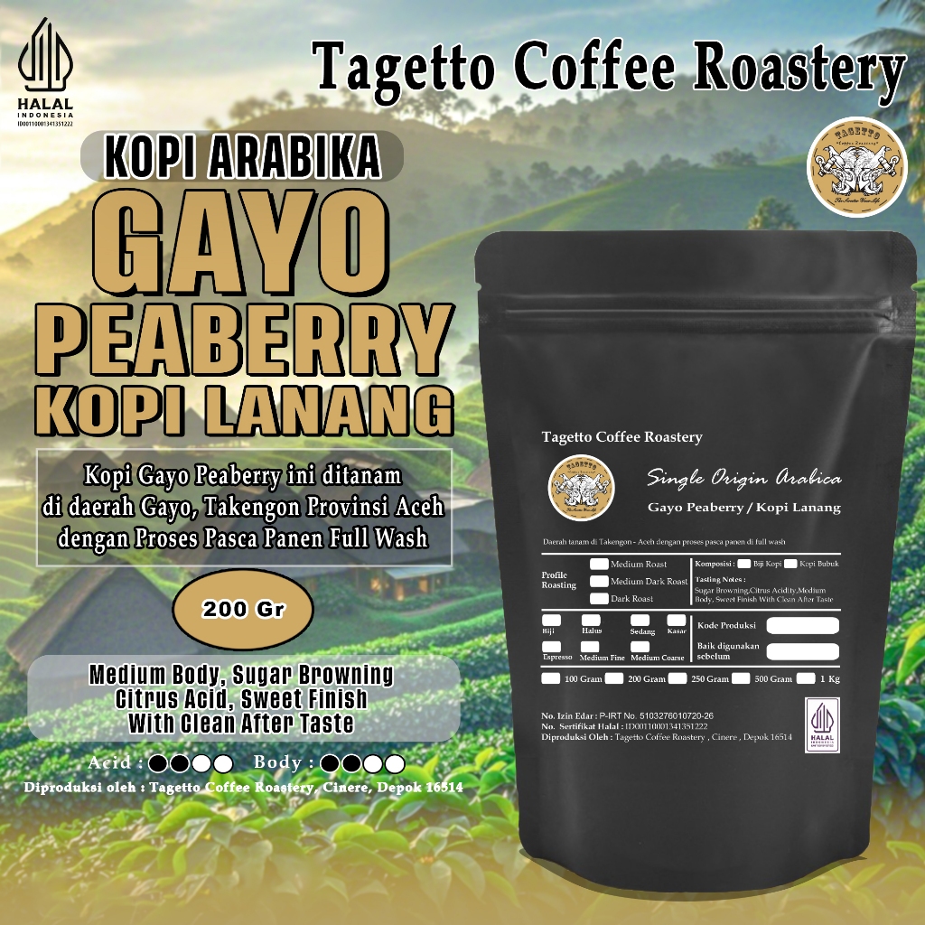 

BIJI KOPI ARABIKA GAYO LANANG PEABERRY 200GR | ACEH GAYO ARABICA BEAN GROUND BUBUK 200 GRAM TAGETTO COFFEE