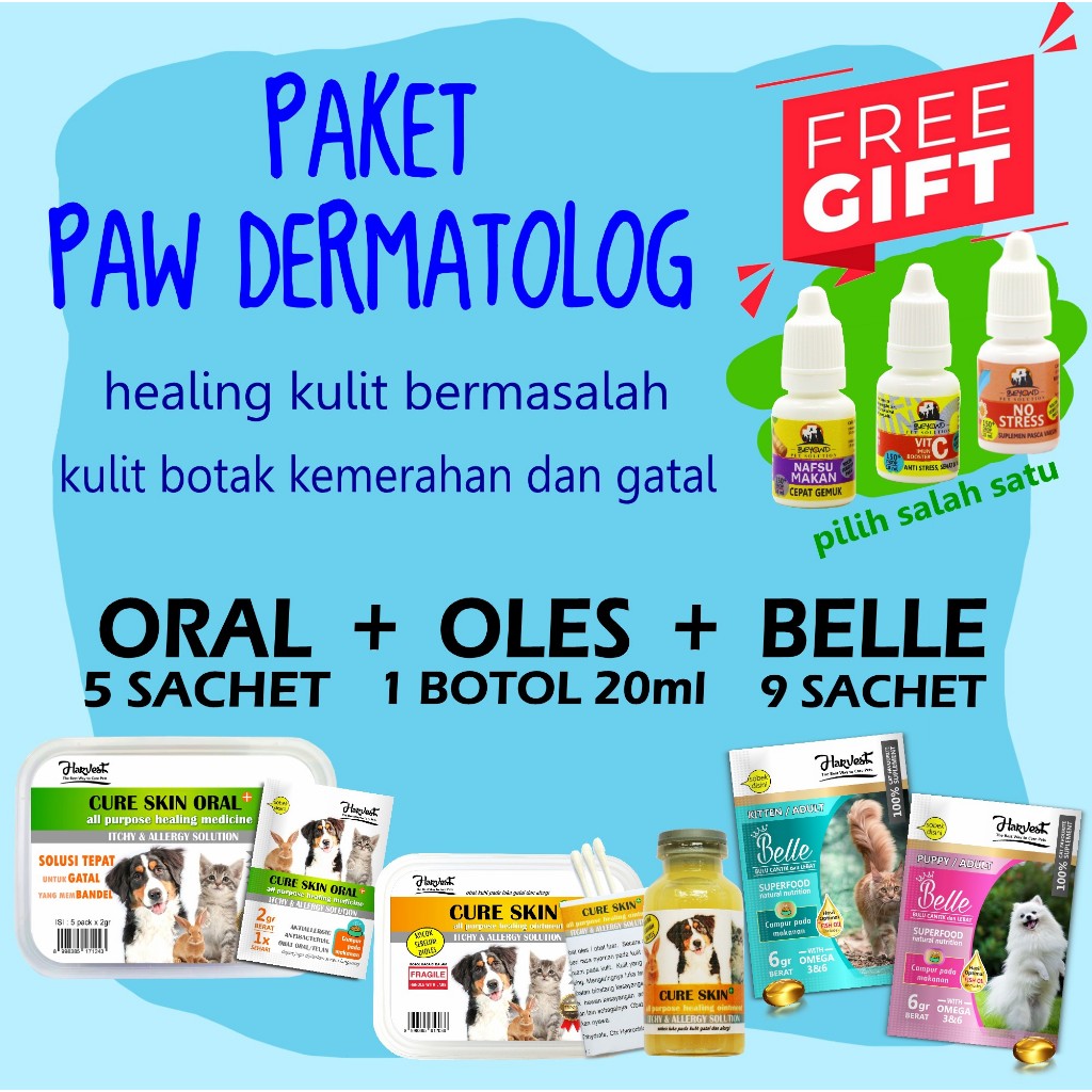 (Ada Bonus) Paket Obat Kulit Harvest Cure Skin Oral Oles Belle Anjing Kucing Kelinci Botak Gatal