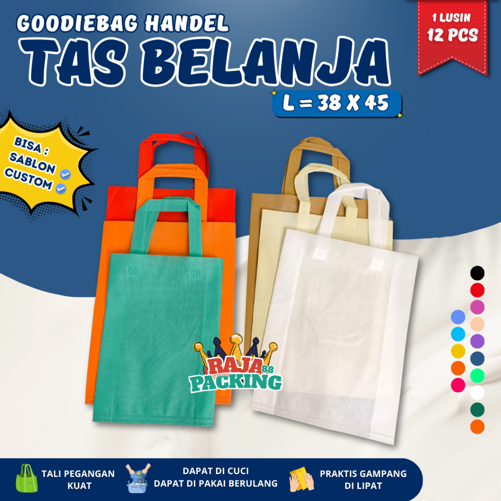 

Goodie Bag 1LUSIN 12PCS Tas Belanja Tali Handle 38X45 Polos Warna 75GSM Kantong Totebag Spunbond Tas Souvenir Berkat Hajatan Ultah Anak