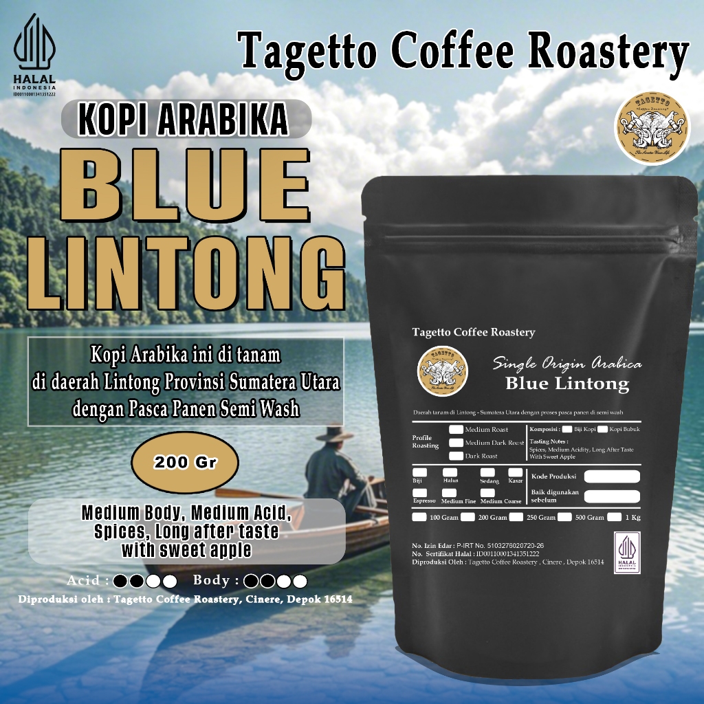 

BIJI KOPI ARABIKA BLUE LINTONG 200GR | SPECIALTY ARABICA BEAN GROUND BUBUK 200 GRAM TAGETTO COFFEE