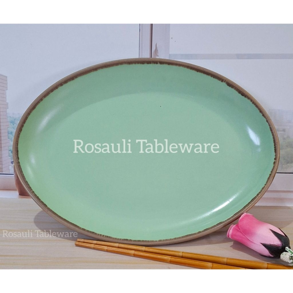 1 Pcs Piring Saji Oval Keramik 12 cm | Piring Lodor | Motif Green Matte | Best Quality