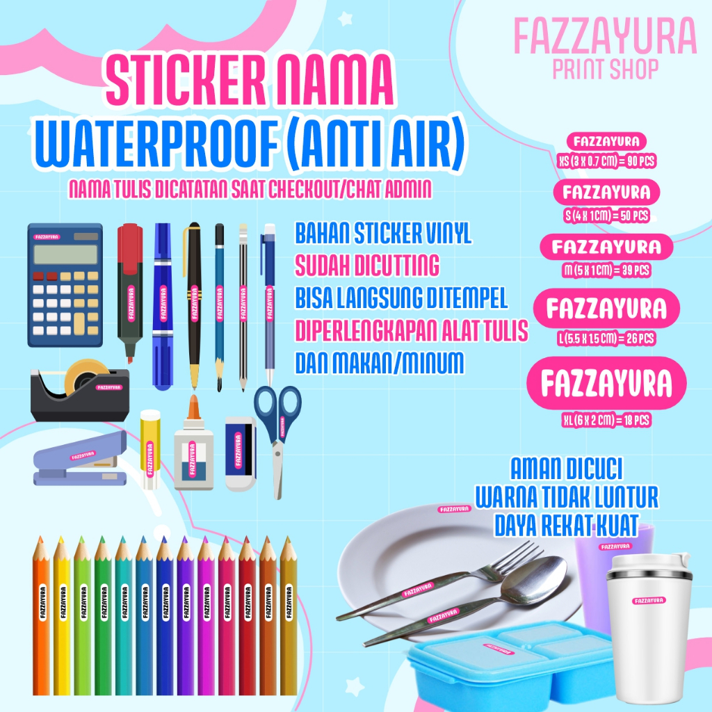 

STICKER KOSTUM NAMA BARANG PERLENGKAPAN SEKOLAH/ALAT TULIS/PERLENGKAPAN MAKAN ANAK MASUK PONDOK, ANTI AIR AMAN DICUCI, TIDAK LUNTUR DAYA REKAT KUAT